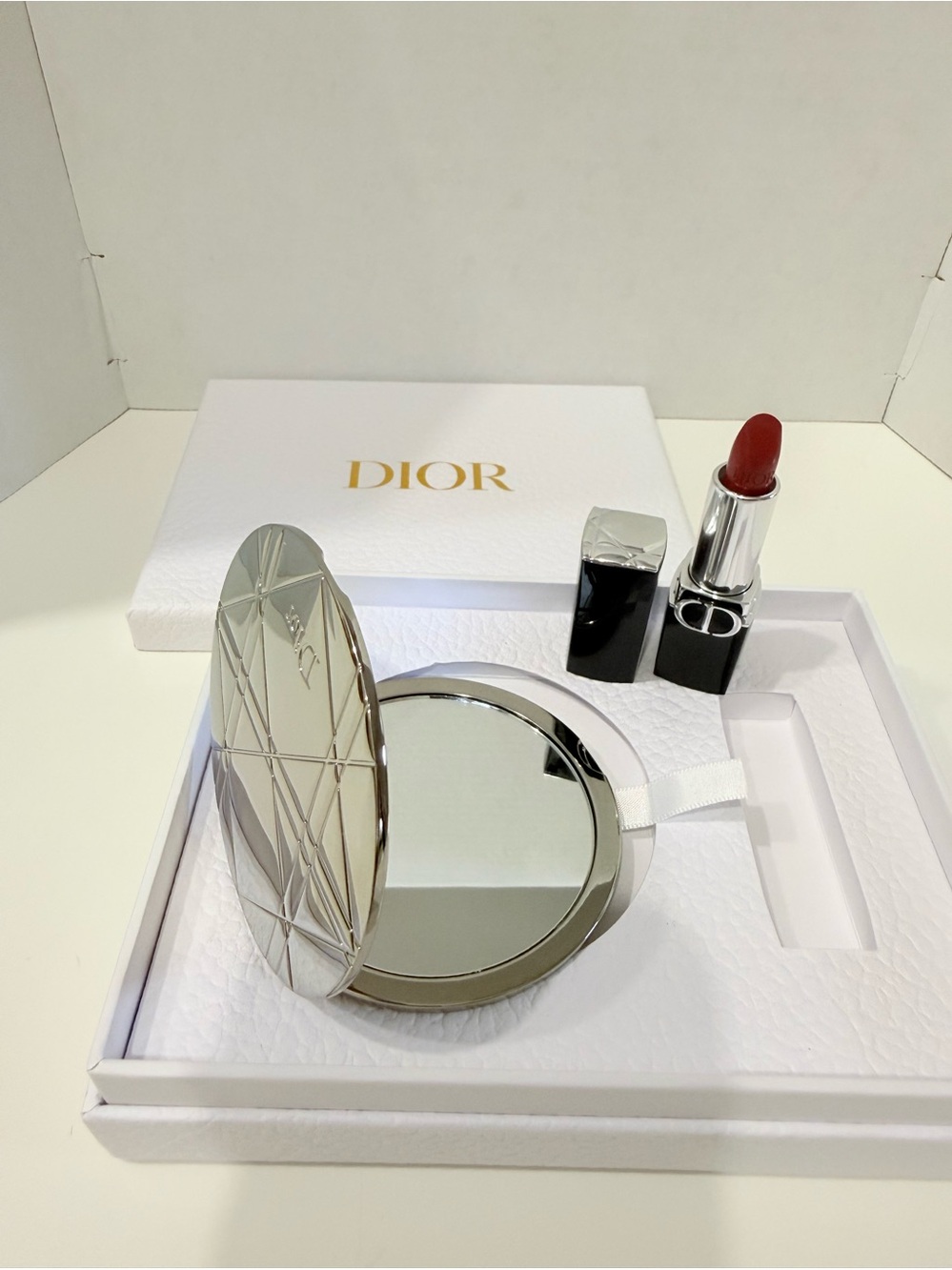Dior Silver Metallic Compact Mirror and Dior Rouge Lipstick